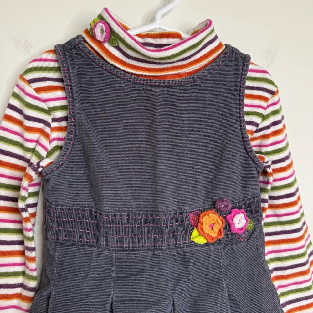 Gymboree Gray Corduroy Jumper Dress W/ Striped Turtleneck Size 4T Cotton Floral